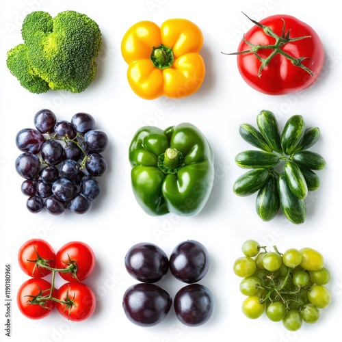 A detailed close-up showcasing an assortment of colorful fruits and vegetables arranged on a clean white surface.