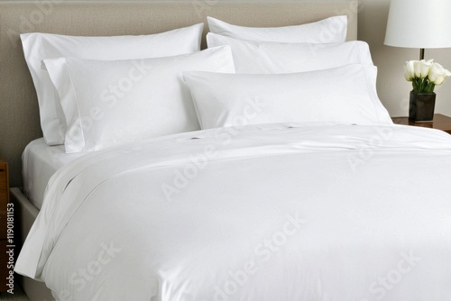 Cozy and Inviting Stylish Bedroom with Crisp White Bedding and Elegant Decorative Pillows for a Relaxing Sleep Environment