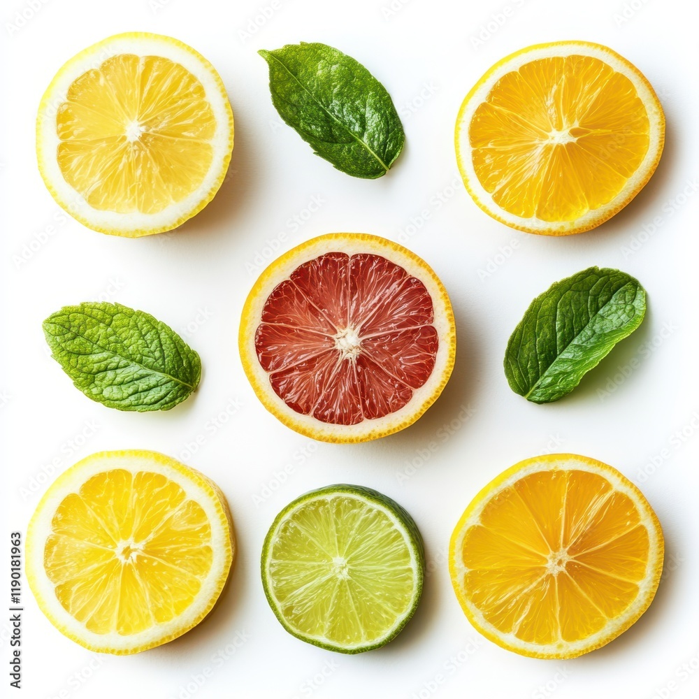 Fototapeta premium A vibrant close-up of a variety of citrus fruits cut in half, showcasing their juicy textures and colorful segments.