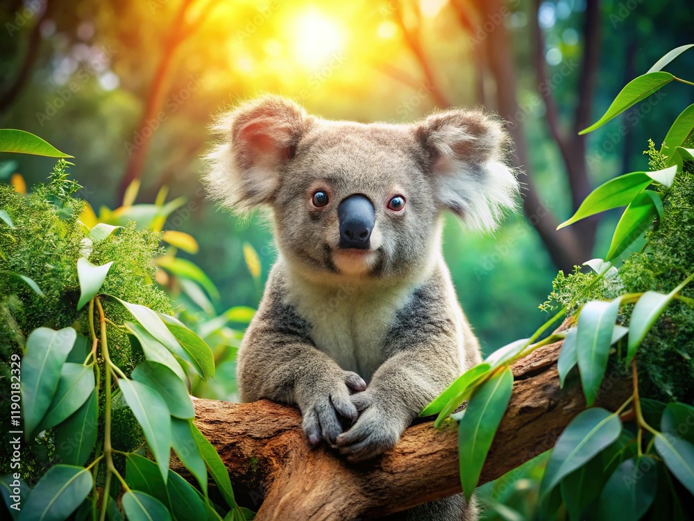 Fototapeta premium Adorable Koala Relaxing in Eucalyptus Tree, Australian Outback Landscape