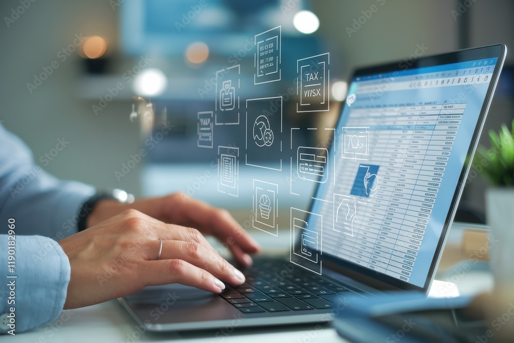 Person using laptop for online tax filing and financial management Person using laptop for online tax filing and financial management