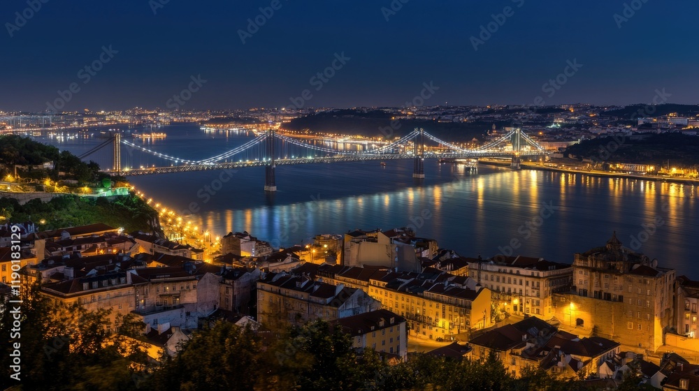 Vasco da Gama Bridge illuminated at night, its elegant design stretching over the Tagus River in a breathtaking Lisbon backdrop Vasco da Gama Bridge illuminated at night, its elegant design stretching over the Tagus River in a breathtaking Lisbon backdrop
