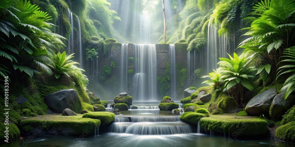 Serene Waterfall Cascading Through Lush, Moss-Covered Rocks in a Tranquil Jungle Oasis Serene Waterfall Cascading Through Lush, Moss-Covered Rocks in a Tranquil Jungle Oasis