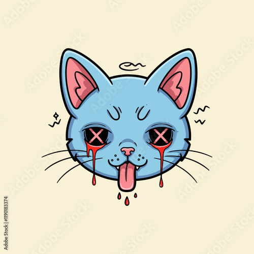 The image shows a stylized cartoon cat with bleeding eyes, a protruding tongue, and a distressed expression.