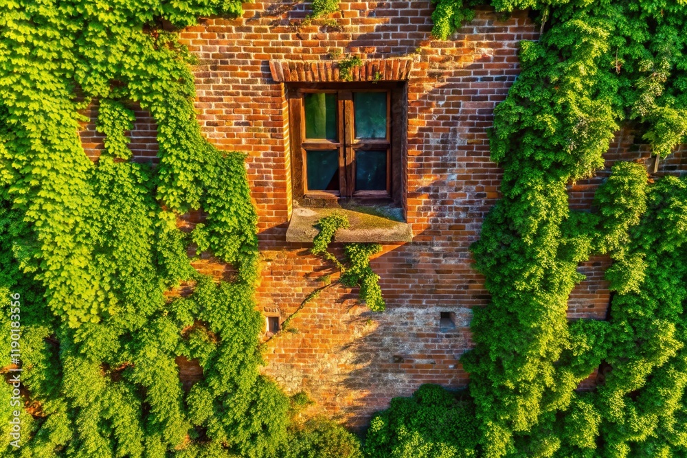 Aerial View of Old Brick Wall with Window - Historic Building Texture Aerial View of Old Brick Wall with Window - Historic Building Texture