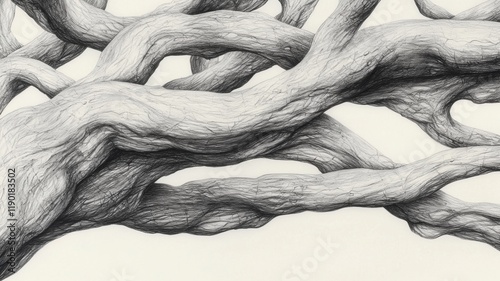 Sketch baobab tree concept. Abstract depiction of intertwined tree branches in monochrome style.