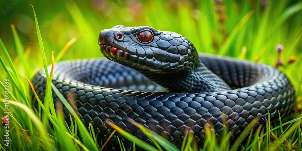 Obraz premium Aerial View of Venomous Black Viper in Lush Green Grass