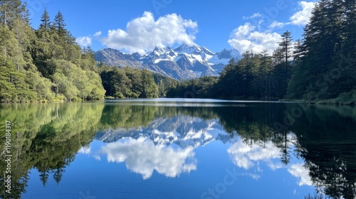 Serene Mountain Lake Reflecting Clouds photo