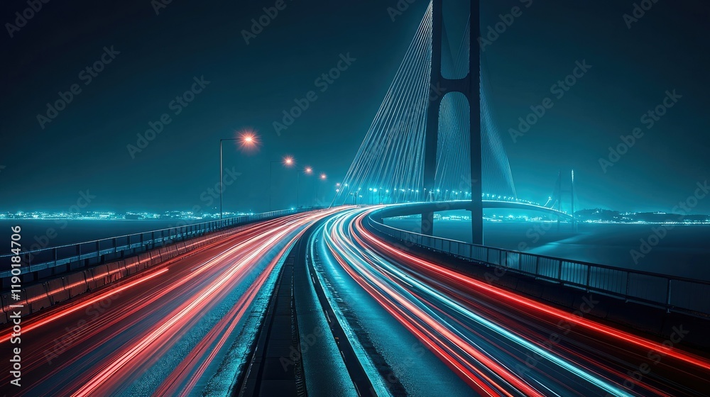 Nighttime Bridge with Vibrant Light Trails and Cityscape Background Nighttime Bridge with Vibrant Light Trails and Cityscape Background