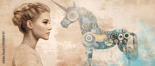 A portrait of a woman in profile with a thoughtful expression, occupying the left side of a layered collage-style composition