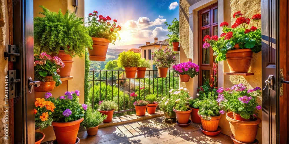 Fototapeta premium Balcony Doorway with Colorful Flower Pots - Spring Garden Apartment View