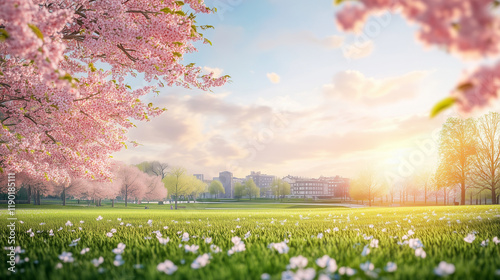 Wallpaper Mural 春の都市公園｜満開の桜と夕陽に輝く緑の芝生 Torontodigital.ca