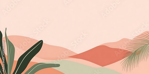 Pink sunset hills, tropical leaves.  Background design, website banner