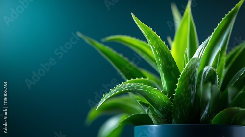 Lush Green Aloe Vera Plant in Teal Pot: A Close-Up