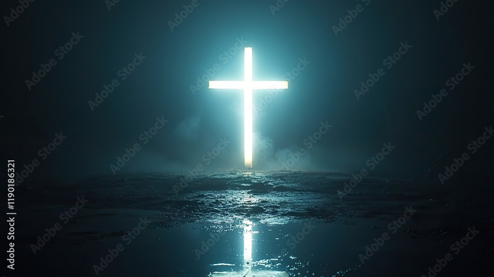 Naklejka premium A simple glowing cross made of light in a dark setting with ample space for text or design