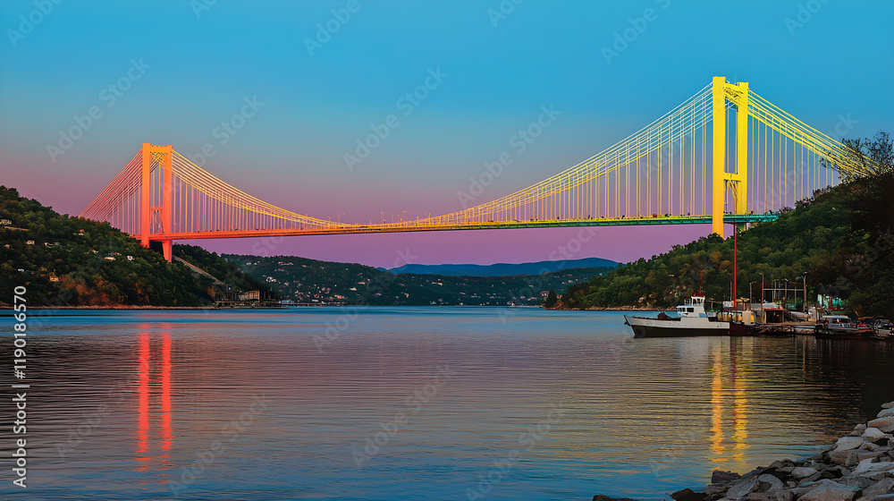 Obraz premium Illuminated tappan zee bridge at sunset hudson river scenic landscape tranquil environment panoramic view architectural marvel