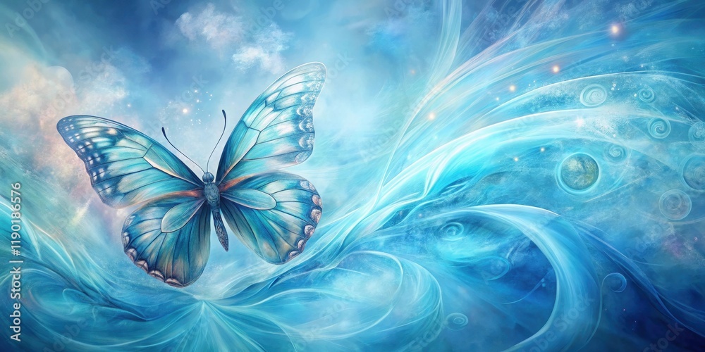 Obraz premium Celestial Serene Butterfly Soaring Through Ethereal Azure Waves of Light and Stardust
