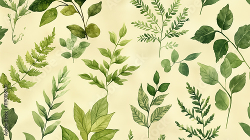 Watercolor leaves pattern on cream background, botanical illustration design concept