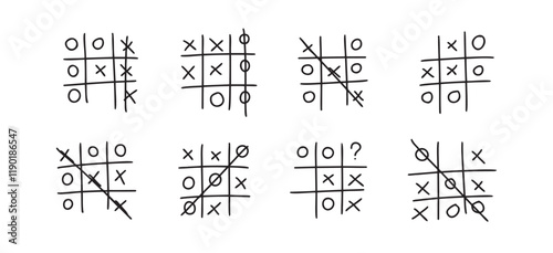 Hand drawn tic tac toe game, doodle X-O children game. Noughts and win. Play tictactoe draw.