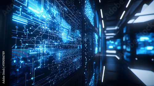 Technological innovation showcase futuristic data center digital aesthetics urban environment high-tech viewpoint advanced concepts