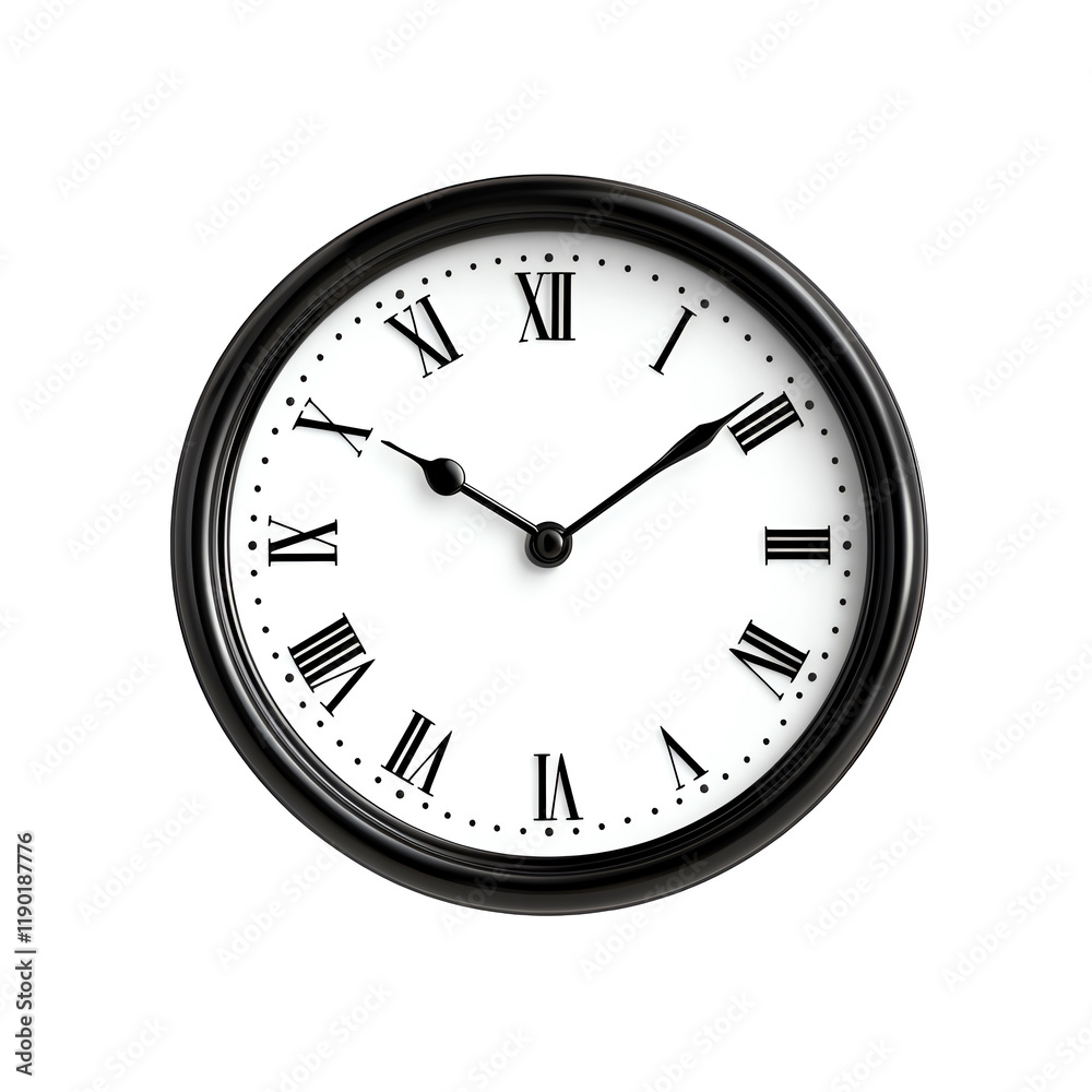 Black wall clock with Roman numerals, white isolate background Black wall clock with Roman numerals, white isolate background