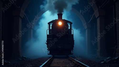 Mystic Steam Train: A vintage steam locomotive emerges from a dark tunnel, its headlight piercing the smoky atmosphere. The scene evokes a sense of mystery and adventure.