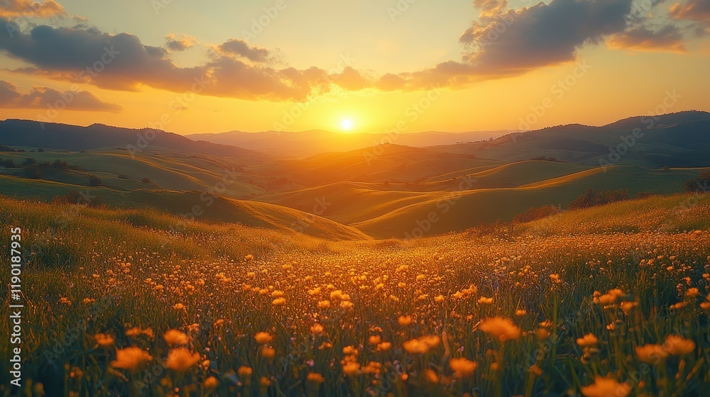 Fototapeta premium A sunset view of rolling hills dotted with vineyards.