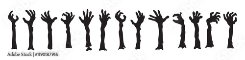 Zombie hands silhouettes. Halloween decor. Set doodle zombie hand