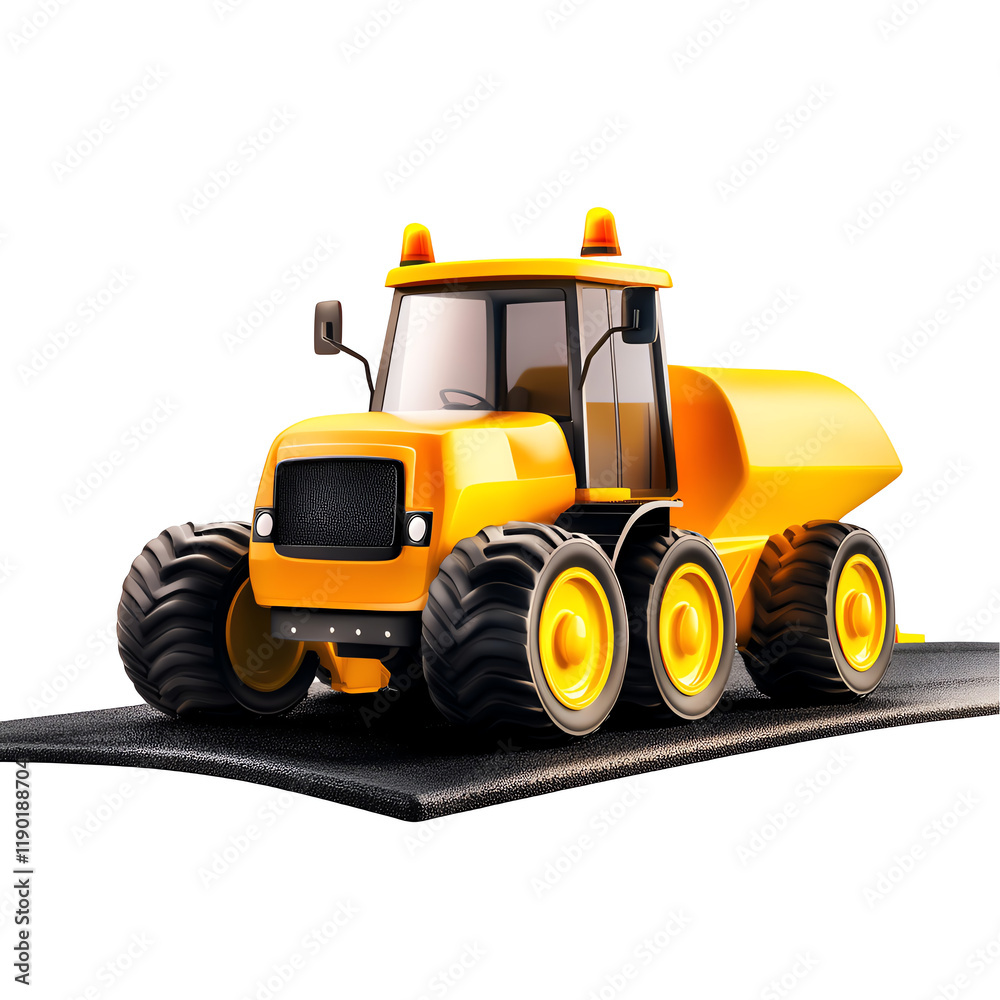 Fototapeta premium Colorful cartoon construction truck with wheels on a black surface.