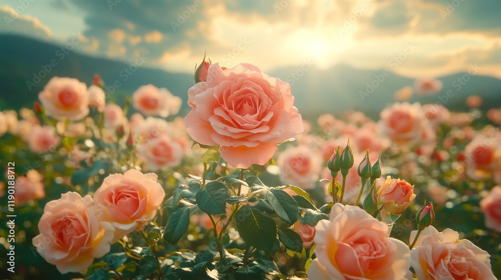 Obraz premium A breathtaking field of peach roses gently illuminated by a warm golden sunset in the background creating a dreamy and romantic atmosphere
