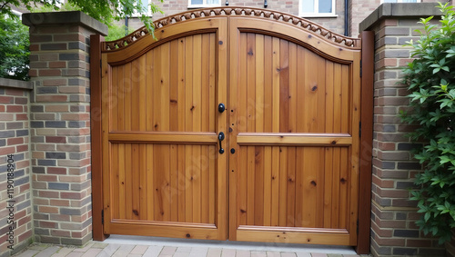 Vintage wooden door with antique design on a rustic building wall