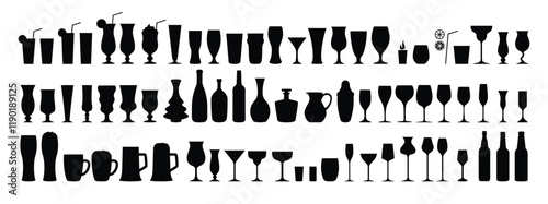 Silhouettes various alcohol cocktail glasses bar set. Black Isolated Glasses of wine, glasses of beer, bar bottles and shot glasses