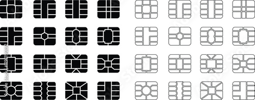 EMV chip icon set. Line, glyph and filled outline, mobile telephone Microchip for bank plastic credit or debit charge or sim card. Digital Nfc technology. Contactless payment at terminals and ATMs.