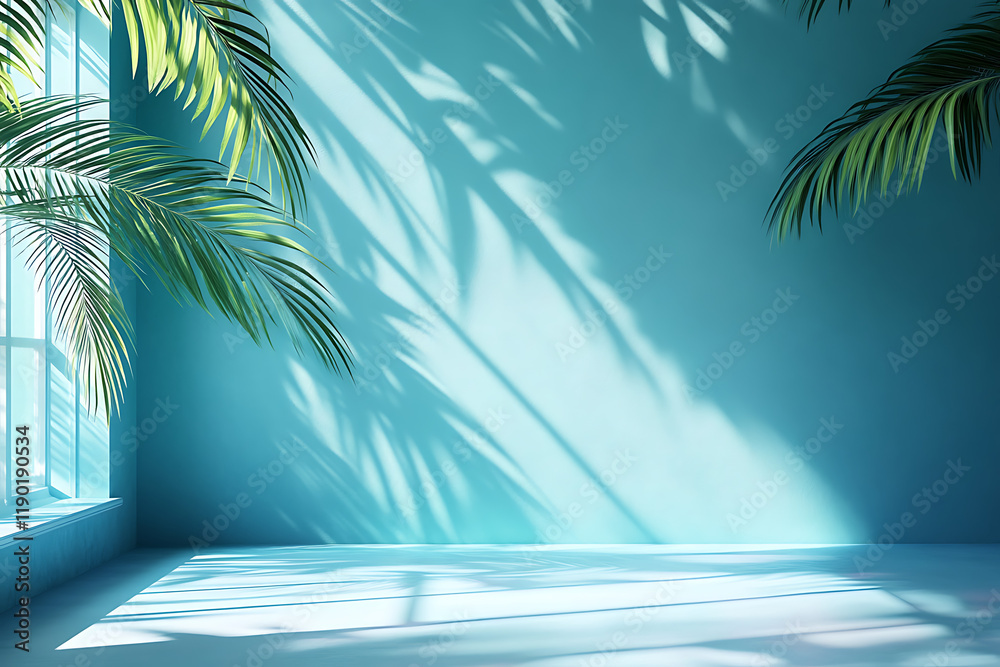 Generative concept with palm leaves casting shadows on a blue wall and pastel floor Generative concept with palm leaves casting shadows on a blue wall and pastel floor