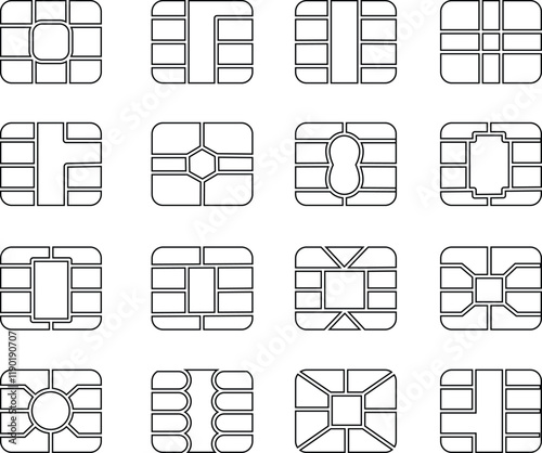 EMV chip icon set. Line, glyph and filled outline, mobile telephone Microchip for bank plastic credit or debit charge or sim card. Digital Nfc technology. Contactless payment at terminals and ATMs.