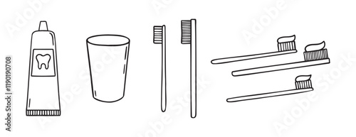 Toothpaste, toothbrush, dental cleaning equipment doodle hand drawn icon. Outline drawing toothpaste, toothbrush, line clipart symbol