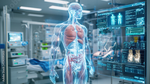 digital twin of human body displayed in holographic format, showcasing internal organs and systems in medical environment. This high tech visualization aids in understanding human anatomy
