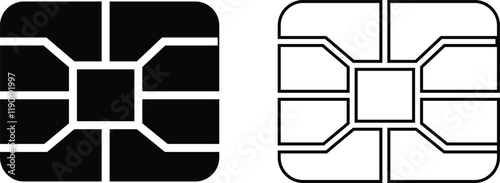 EMV chip icon set. Line, glyph and filled outline, mobile telephone Microchip for bank plastic credit or debit charge or sim card. Digital Nfc technology. Contactless payment at terminals and ATMs.