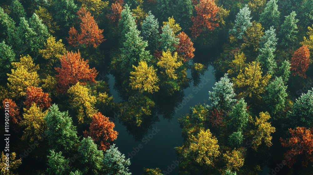Autumnal Forest Canopy Reflecting In Dark Water Autumnal Forest Canopy Reflecting In Dark Water