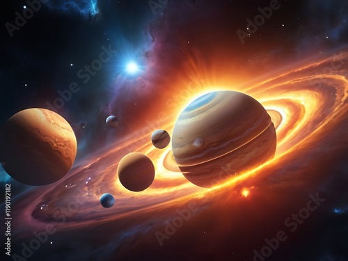 Planets gracefully orbit through the vast expanse of space, showcasing the cosmos' wonders.
