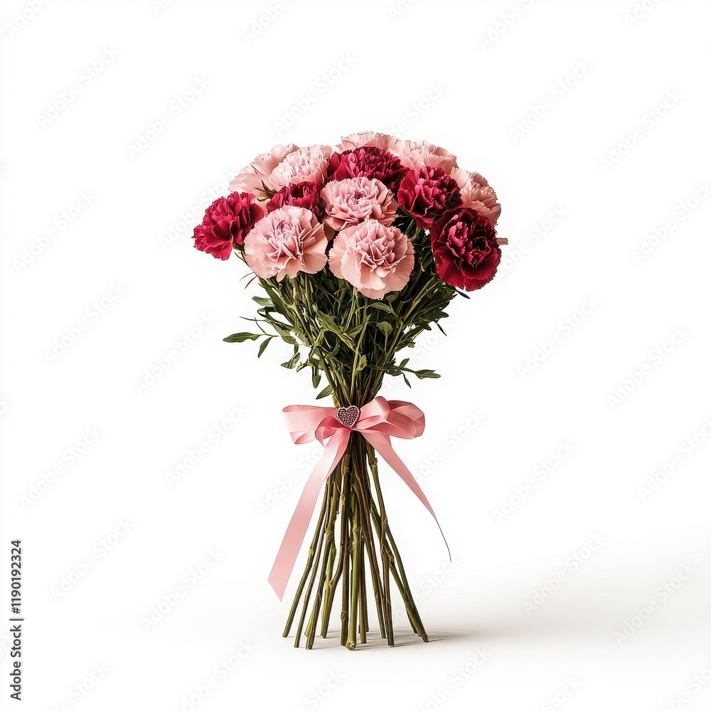 Fototapeta premium Beautiful Hand-Tied Bouquet of Pink and Red Carnations with Satin Ribbon for Celebrations and Special Occasions, White Background