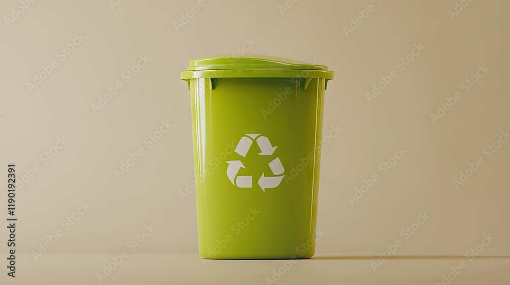 A bright green trash bin with a recycling emblem, placed on a neutral beige backdrop with soft lighting emphasizing its clean design A bright green trash bin with a recycling emblem, placed on a neutral beige backdrop with soft lighting emphasizing its clean design