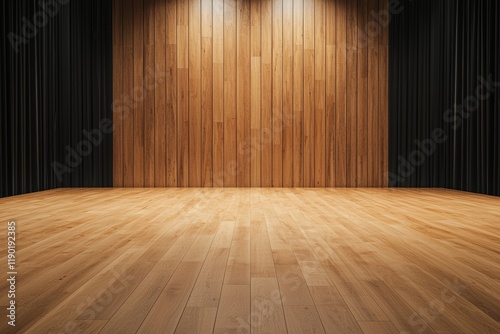 Wallpaper Mural Stage light wood concept. Wooden stage with spotlight and dark curtain backdrop. Torontodigital.ca