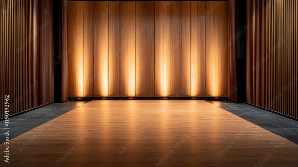 Fototapeta premium Stage light wood concept. Stage with warm lighting and wooden floor, ready for performance.