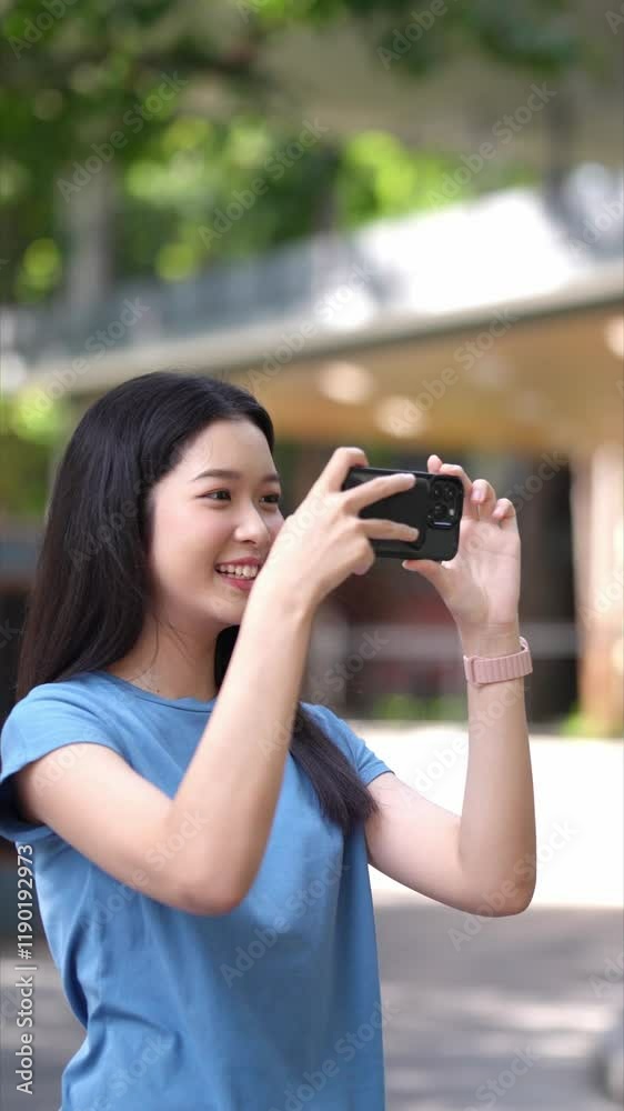A young woman outdoors holding up her smartphone, capturing a photo or video under natural light with a blurred background of trees and a building A young woman outdoors holding up her smartphone, capturing a photo or video under natural light with a blurred background of trees and a building