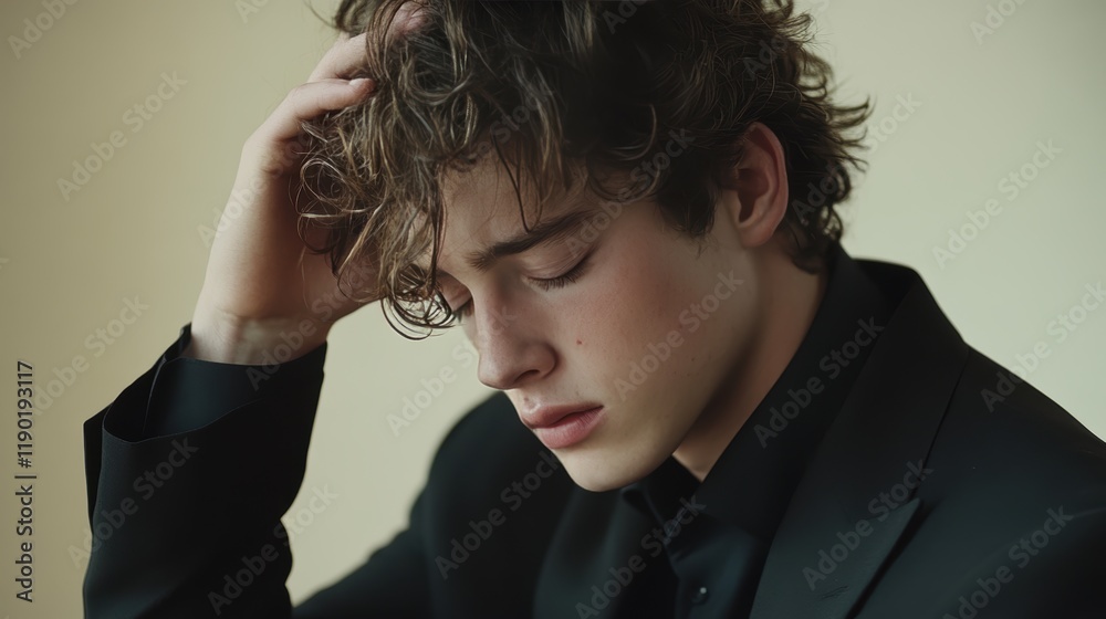 Fototapeta premium Sad young business man, head down, wearing a black suit, white background,