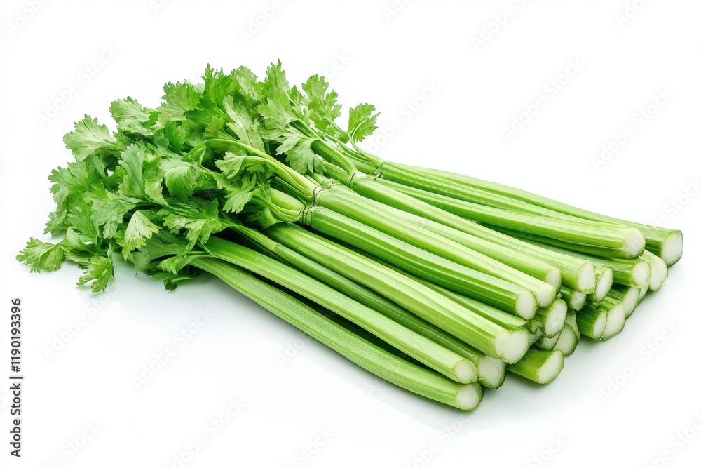 A close-up view of fresh, vibrant celery stalks arranged neatly on a clean white background, showcasing their crisp texture and green color. A close-up view of fresh, vibrant celery stalks arranged neatly on a clean white background, showcasing their crisp texture and green color.