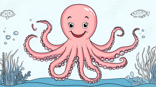 A raster illustration of a friendly sea octopus with a happy smile and tentacles, designed for preschool, kindergarten, and children's coloring pages and books, focusing on zoo and ocean themes. photo