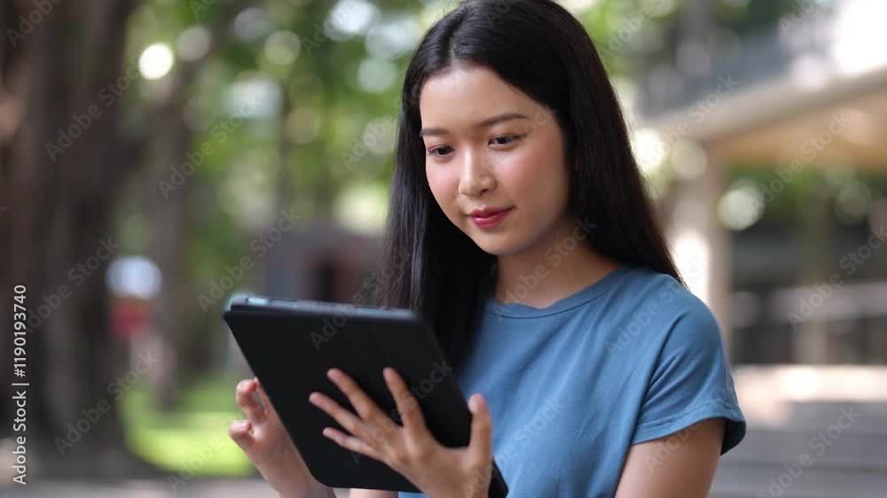 A young woman using a tablet outdoors, focused on the screen with a natural background of trees and light A young woman using a tablet outdoors, focused on the screen with a natural background of trees and light