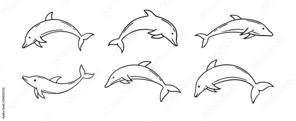 Obraz premium dolphin doodle hand drawn icon set. Outline drawing dolphin line clipart symbol collection